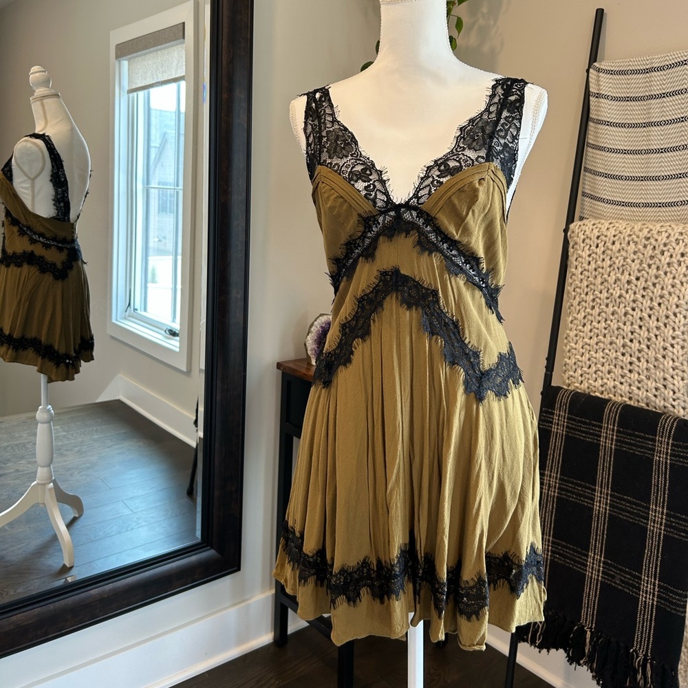Urban Outfitters Tiffany Lace Slip 90s Mini Dress Olive Green Black - M